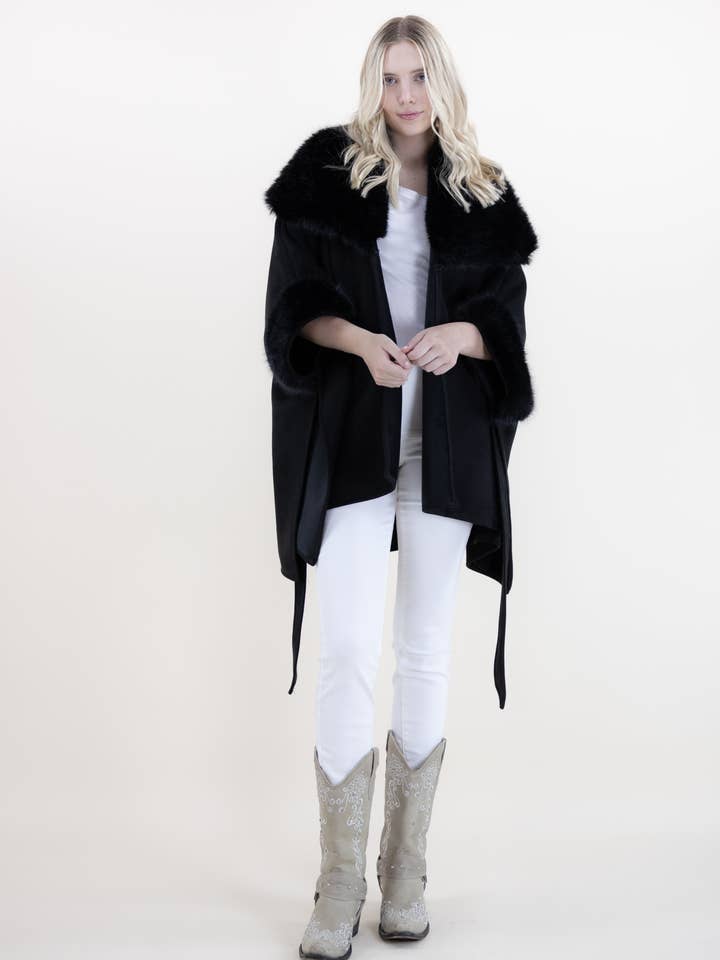 Original USA - Wholesale Athletic Top - Women's - Suede Belted Cape w/ Wide Vegan Fur Collar and Cuffs1