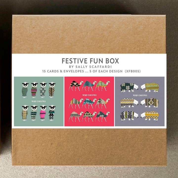 Festive Fun Box - Mixed Box of 15 Christmas Cards for wholesale by Sally Scaffardi Design