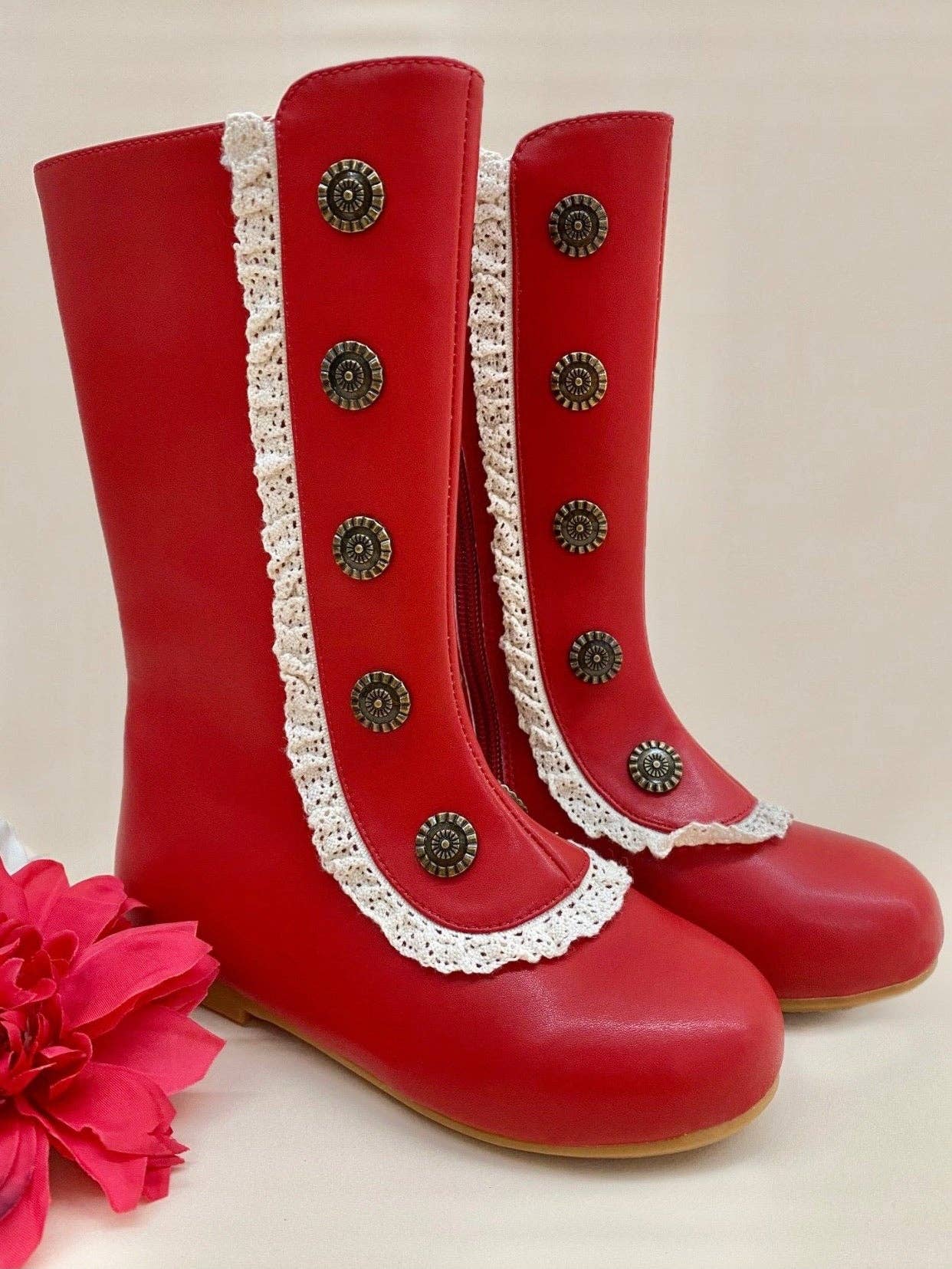 Red Military Style Lace Ruffle Trimmed Boots  By Liv and Mia for wholesale on Faire0