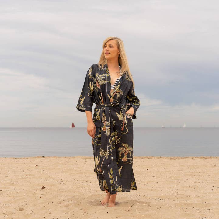 Cotton Kimono Robe - Tropical Black for wholesale by Linen Connections
