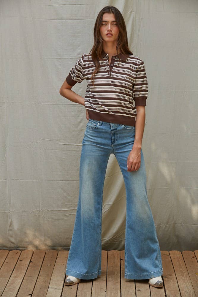 Brown White W2204 | Knit Sweater Striped Half Button Up Collar Neck Top for wholesale on Faire1