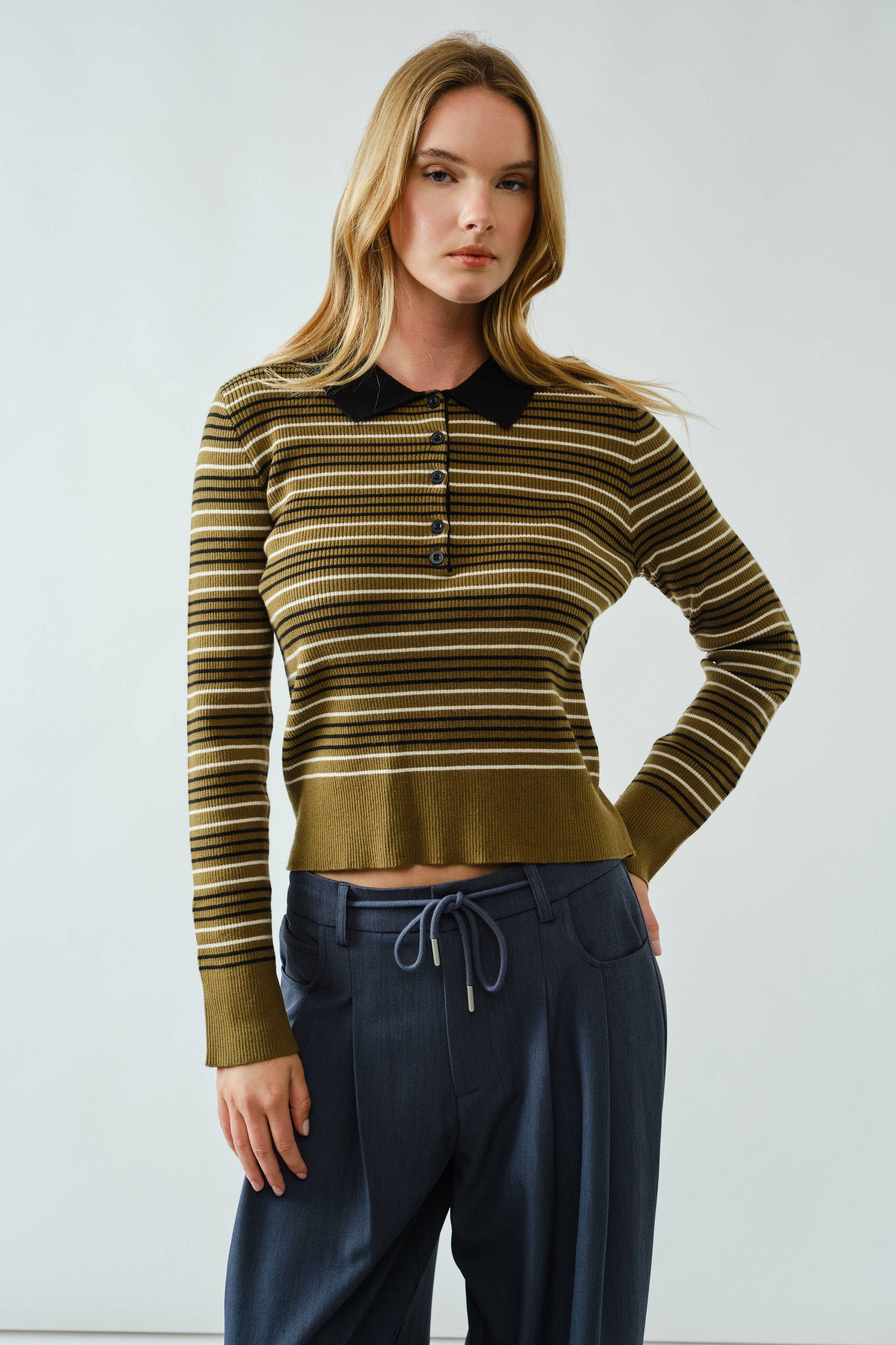 Aaron & Amber - Wholesale Polo - Women's - AJT5193 TIMELESS STRIPED POLO SWEATER TOP9