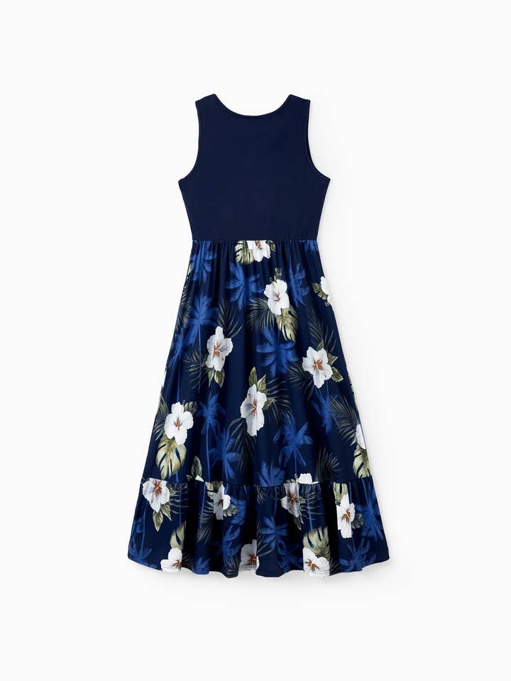 Deep Blue Family Matching Floral T-shirts or Splicing Sleeveless Dress for wholesale on Faire