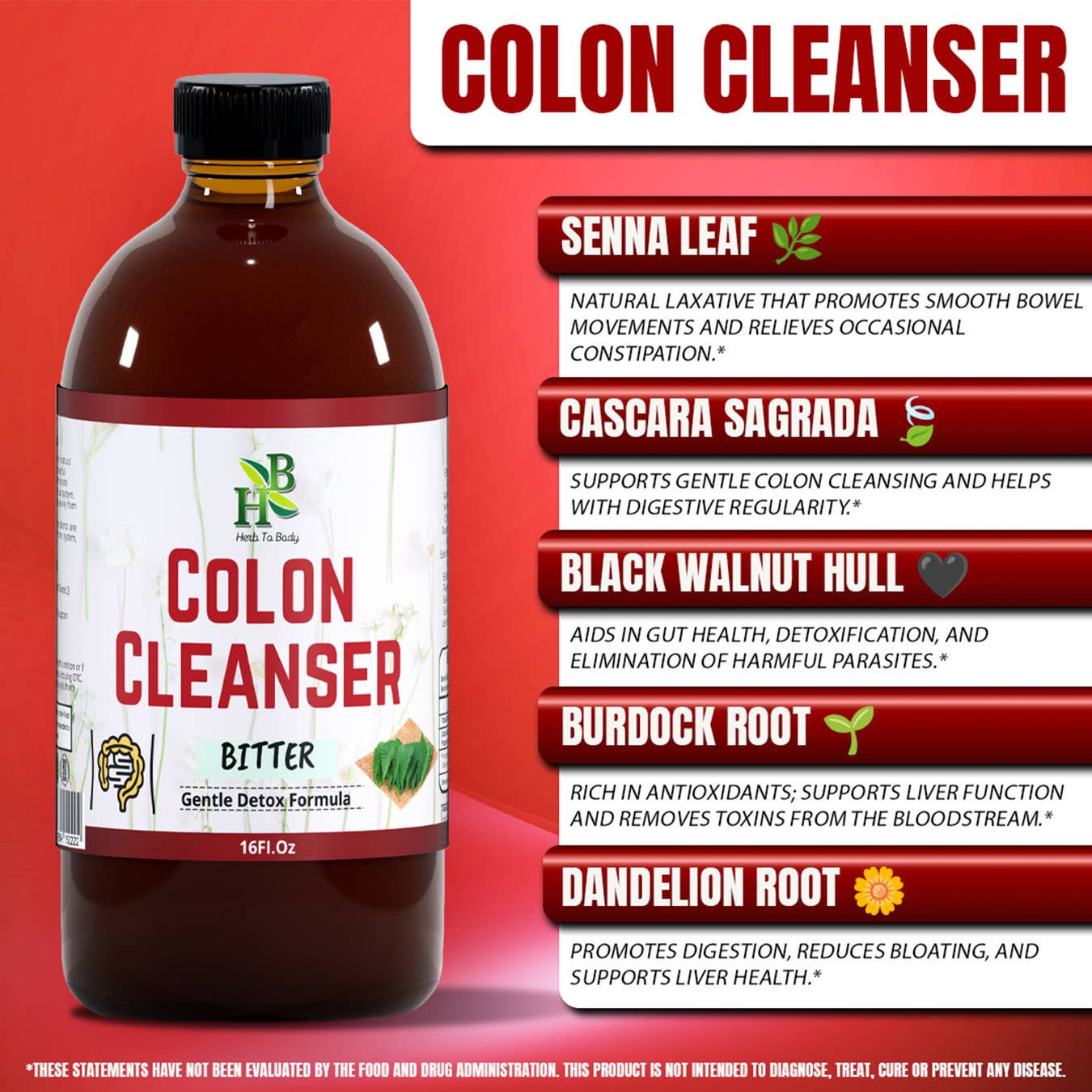 Herb To Body - Wholesale Oral Supplement/Vitamin - Colon Cleanser Bitter 16oz | Plant Based Digestive Bitter1
