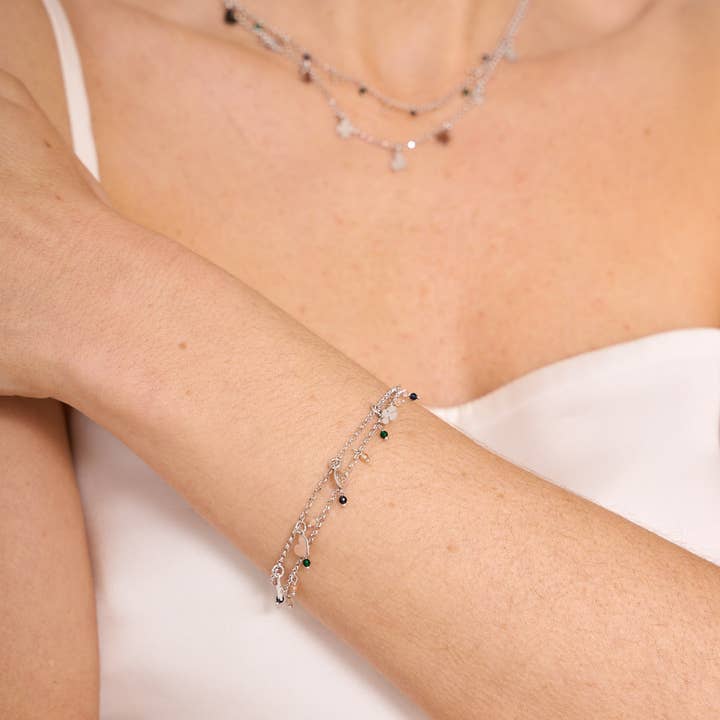 PULSEIRA PRATA DUPLA MINI CHARMS E PEDRINHAS por atacado de Argent Basic