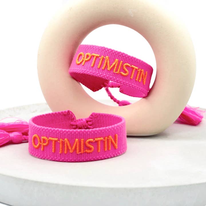 OPTIMISTIN statement bracelet woven, embroidered for wholesale by Parsley & Pepper