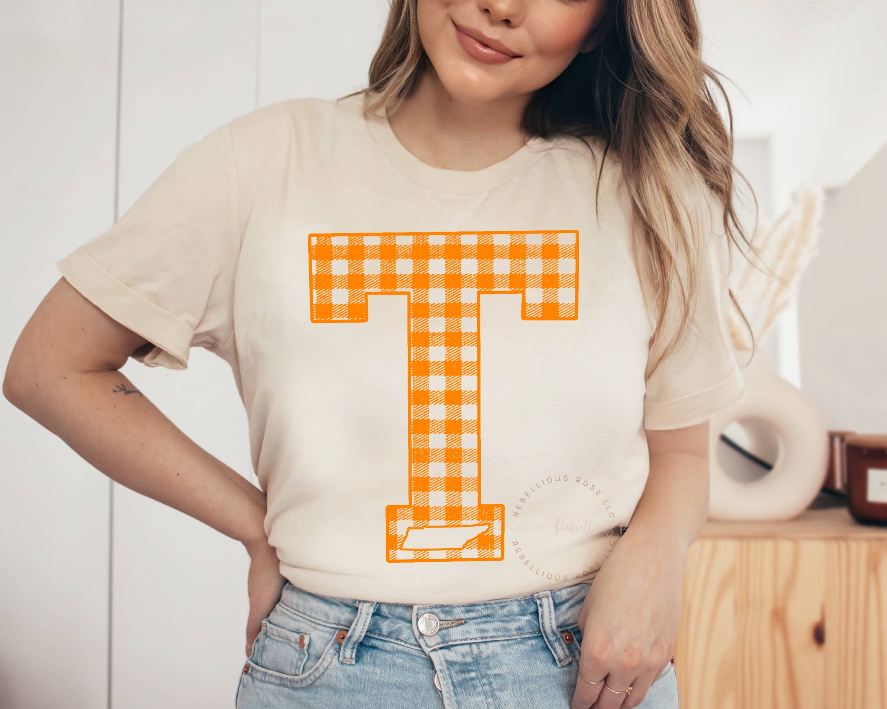 Rebellious Rose LLC - Wholesale Tunic - Women's - Checkered Tennessee Vols Graphic Tee1