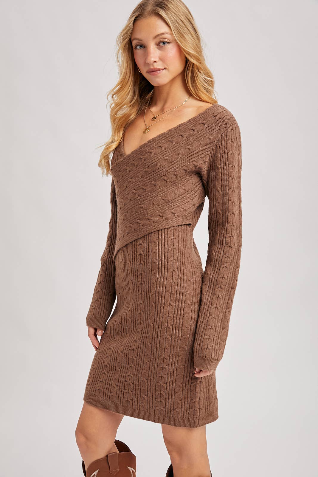 Bluivy - Wholesale Dress - Women's - V-NECK CABLE KNIT SWEATER WRAP DRESS3