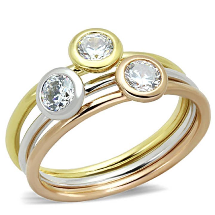 3W804 - Rhodium + Gold + Rose Gold Brass Ring with AAA Grade CZ in Clear for wholesale by Alamode