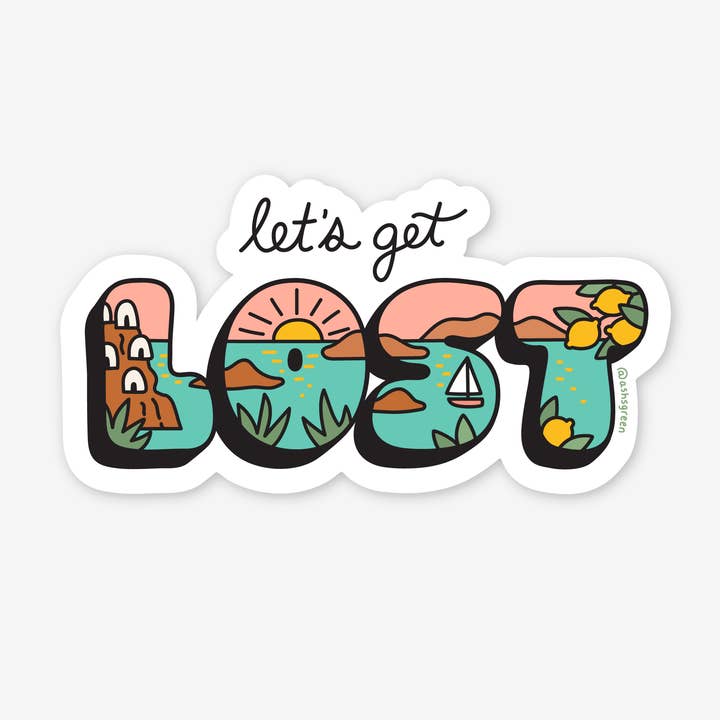 'Let's get lost' Santorini design - 3" vinyl sticker for wholesale by Ashleigh Green Studios