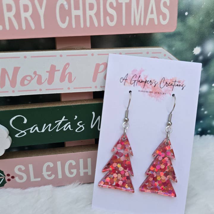 Pink Chunky Glitter Christmas Tree Acrylic Earrings for wholesale by A Glamper's Creations LLC