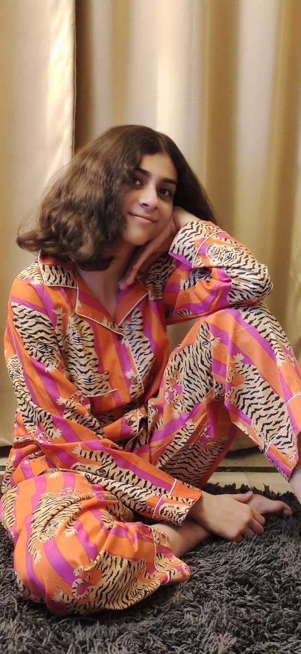 Ayras World - Wholesale Sleepwear Set - Women's - Cotton Tiger Print Long Pyjamas Set - Orange & Pink1