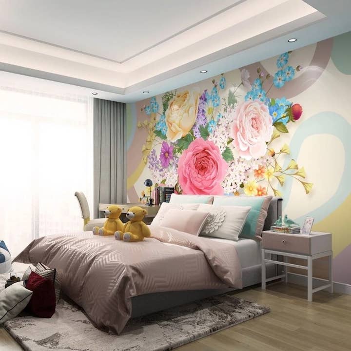 Färgglada trädgårdsblommor rosor blommönster tapet väggmålning för wholesale av GK Home Decor