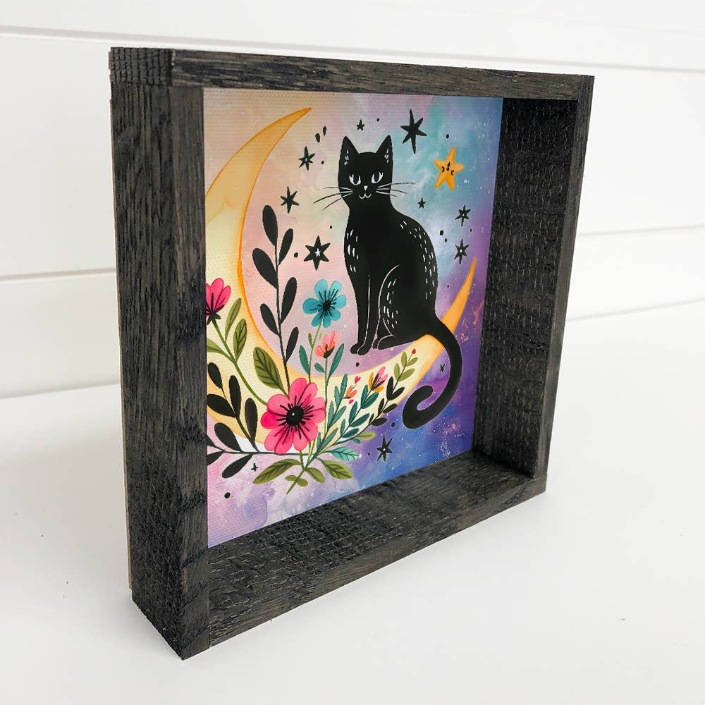 Hangout Home – wholesale Art print – Celestial Moon and Cat - Cat Canvas Art - Wood Framed Decor1