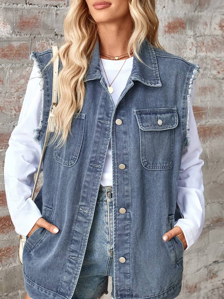 oversized boyfriend denim vest for wholesale by Rosa Clothing