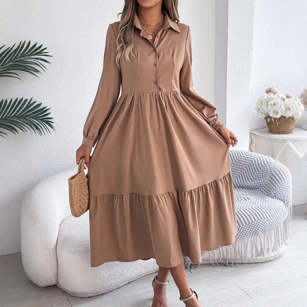 safistyle - Wholesale Dress - Women's - Lapel Long Sleeve Loose Shirt Dress with Ruffles9