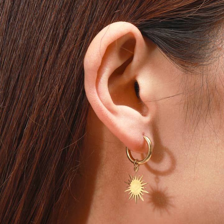 Reagan Gold Sun Earrings, dangle Earrings, sun earrings for wholesale by Melange Blanc