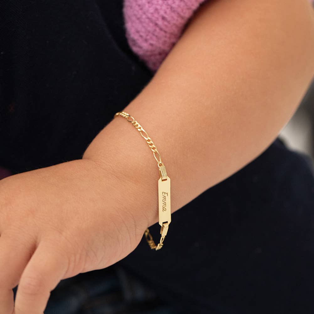 In Season Jewelry - Wholesale Link & Chain Bracelet - 14k Gold 5.5" Engravable ID Figaro Children's Bracelet1