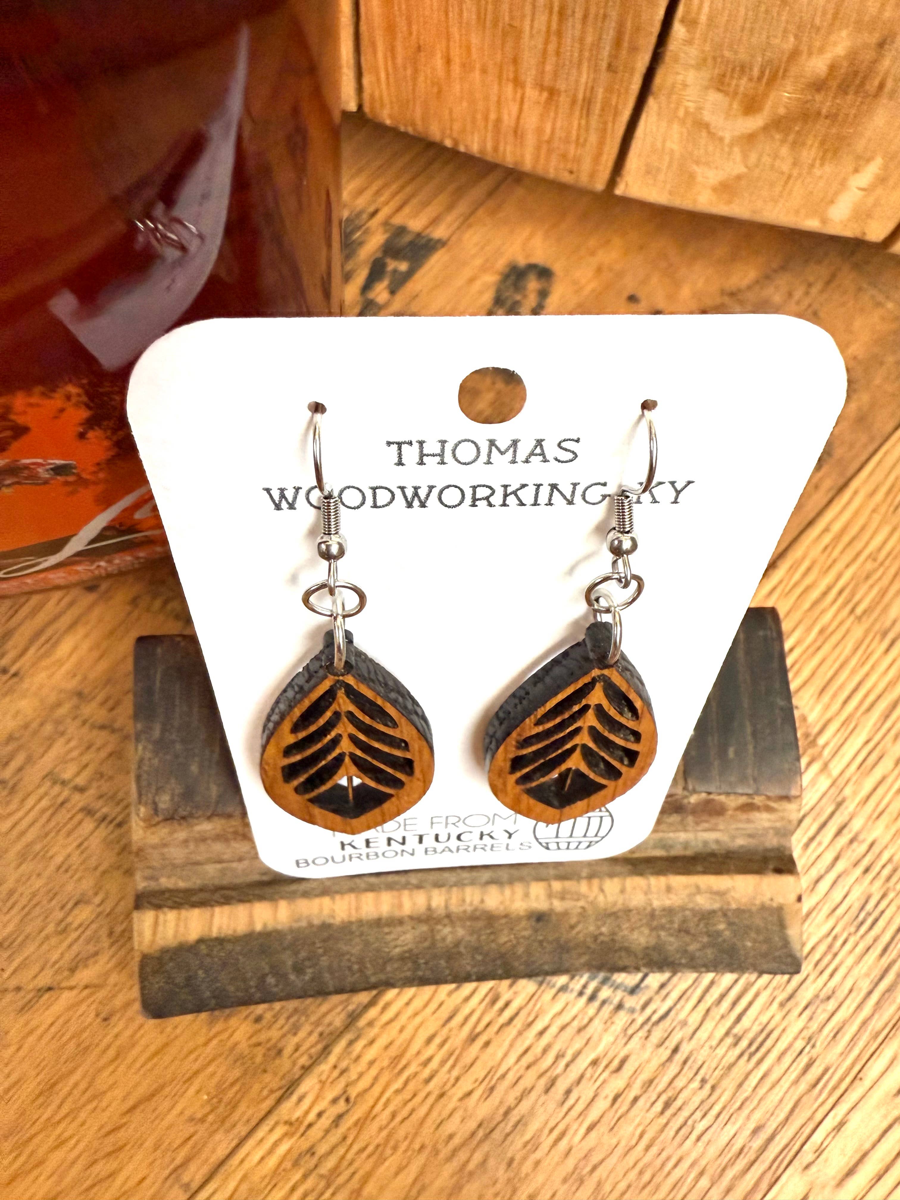 Brown Wood Bohemian Earrings made from bourbon whiskey barrels. for wholesale on Faire5