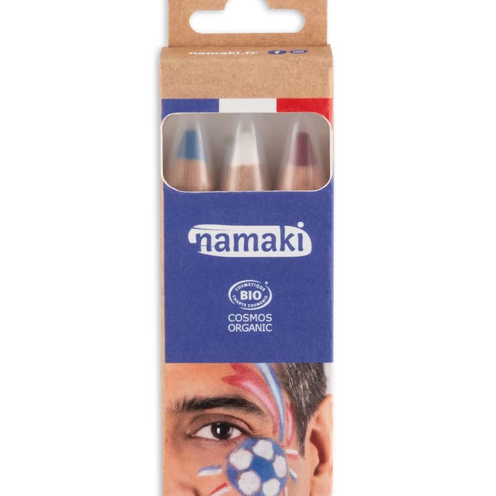 6.4 Kit supporter 3 crayons de maquillage Bleu-Blanc-Rouge pour la vente par Namaki Cosmetics