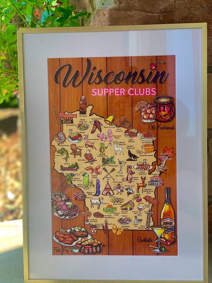 Carte des Supper Clubs du Wisconsin - SÉRIE 1 - 11"X17" pour la vente par Pink Squirrel Studios