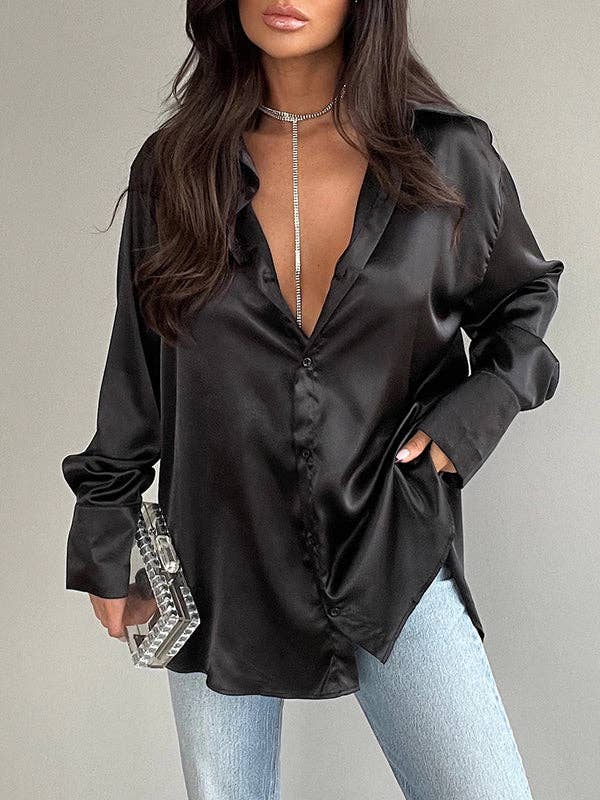 UZ Wholesale Store - Wholesale Button Down Shirt - Women's - Long Sleeves Loose Buttoned Shiny Solid Color Lapel Blouses&Shirts Tops10