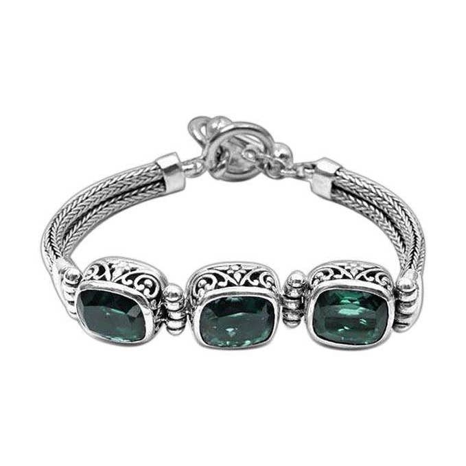SB-0900-GQ-7.5" Bracciale in Argento Sterling Bali Fatto a Mano con Quarzo Verde Triplo Cuscino e Filigrana Decorativa | Collezione all'Ingrosso per la vendita all'ingrosso da parte di Bali Designs