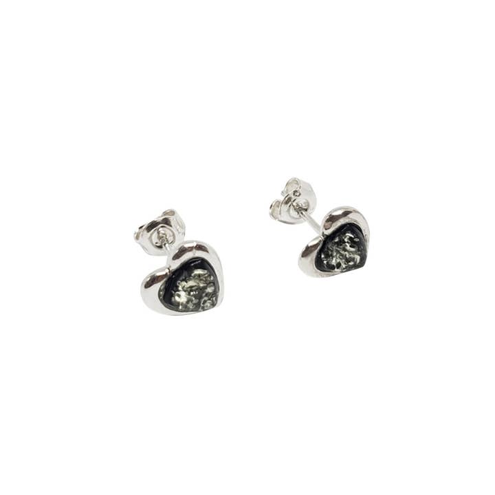 Amberman - Wholesale Stud/Post Earrings - Green Amber Sterling Silver Heart Stud Earrings