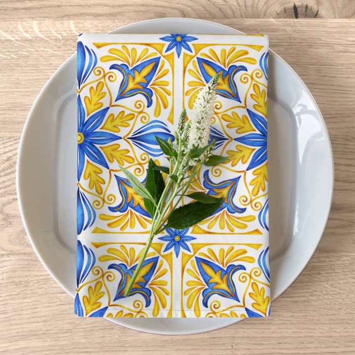 White Blue Yellow Tile Napkins, Provençal Cloth Napkin Set of 4 Dinner Napkins, Blue Ceramic French Provincial, French County Home for wholesale on Faire