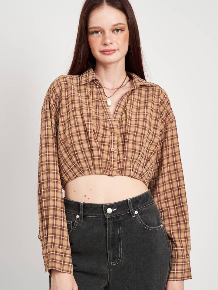 CROPPED BUTTON UP SHIRT WITH ELASTIC WAISTBAND for wholesale by Emory Park