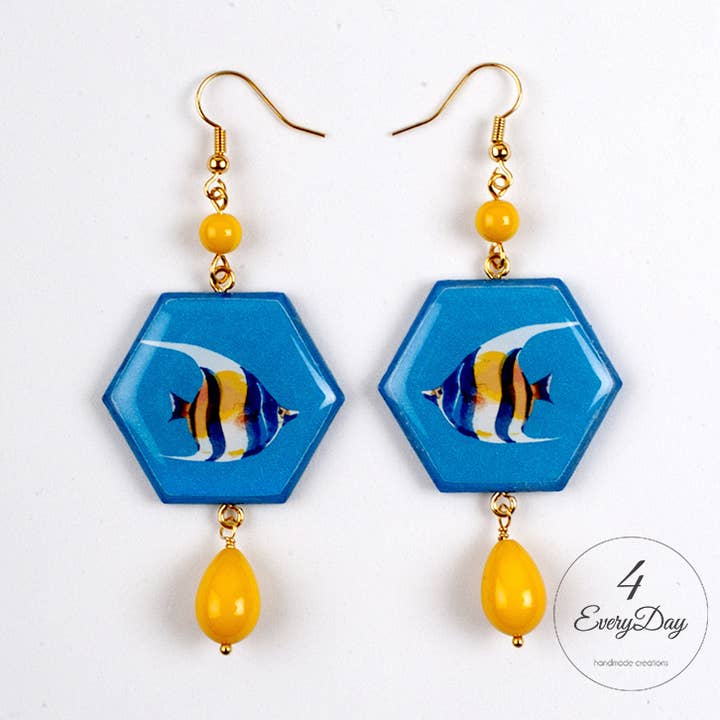 Earrings: fish on a blue hexagon background for wholesale by 4everyday Handmade