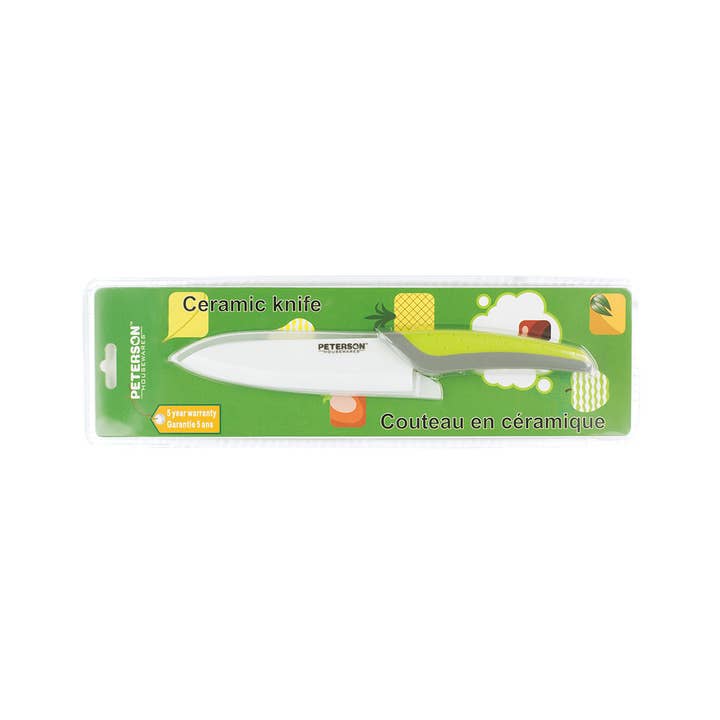 Peterson Housewares & Artwares – wholesale Kökskniv – Keramisk kniv: Grön+grå mjukt handtag; Vit Keramik - 6"