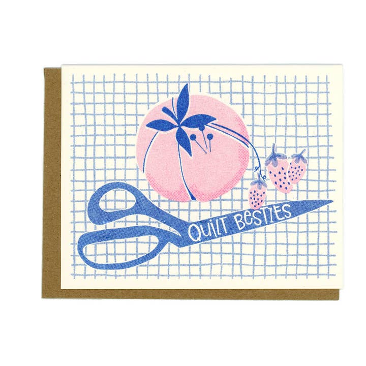 Quilt Besties- Risograph Greeting Card for wholesale by Kati Cupcake