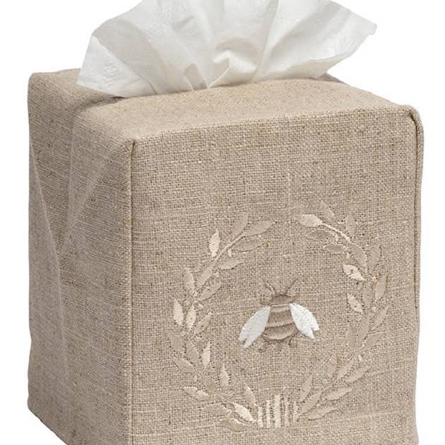 Jacaranda Living - Wholesale Tissue Box - Tissue Box Cover, Natural Linen, Embroidered