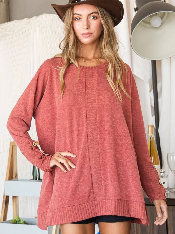 Plus Size Oversized Button Cuff Long Sleeve Tunic Sweater Top for wholesale by Tasha Apparel Wholesale