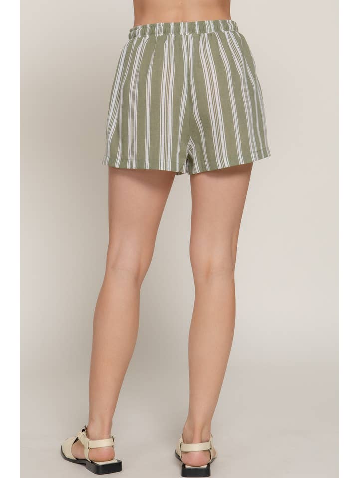 Active Basic | Active USA - Wholesale Shorts - Women's - Elastic Waist Band Detail Stripe Printed Linen Effect Shorts9