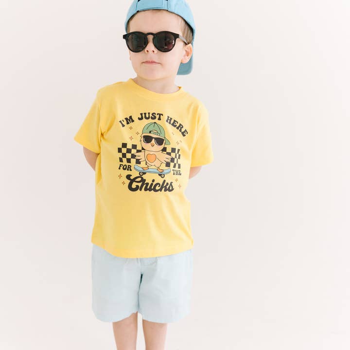 Here for the Chicks Toddler and Youth Easter Shirt for wholesale by Benny & Ray Apparel