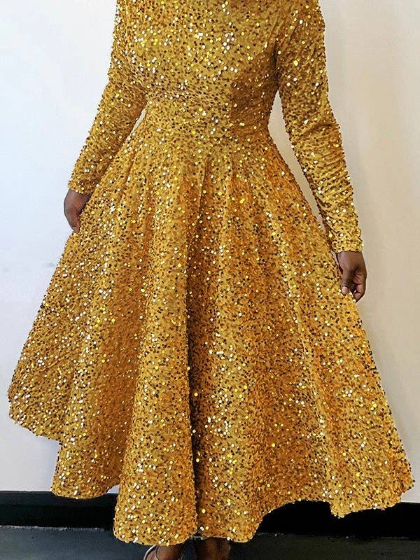 Aria Romance - Wholesale Dress - Women's - Round neck long sleeve solid color sequin high waist style mid-length dress dress