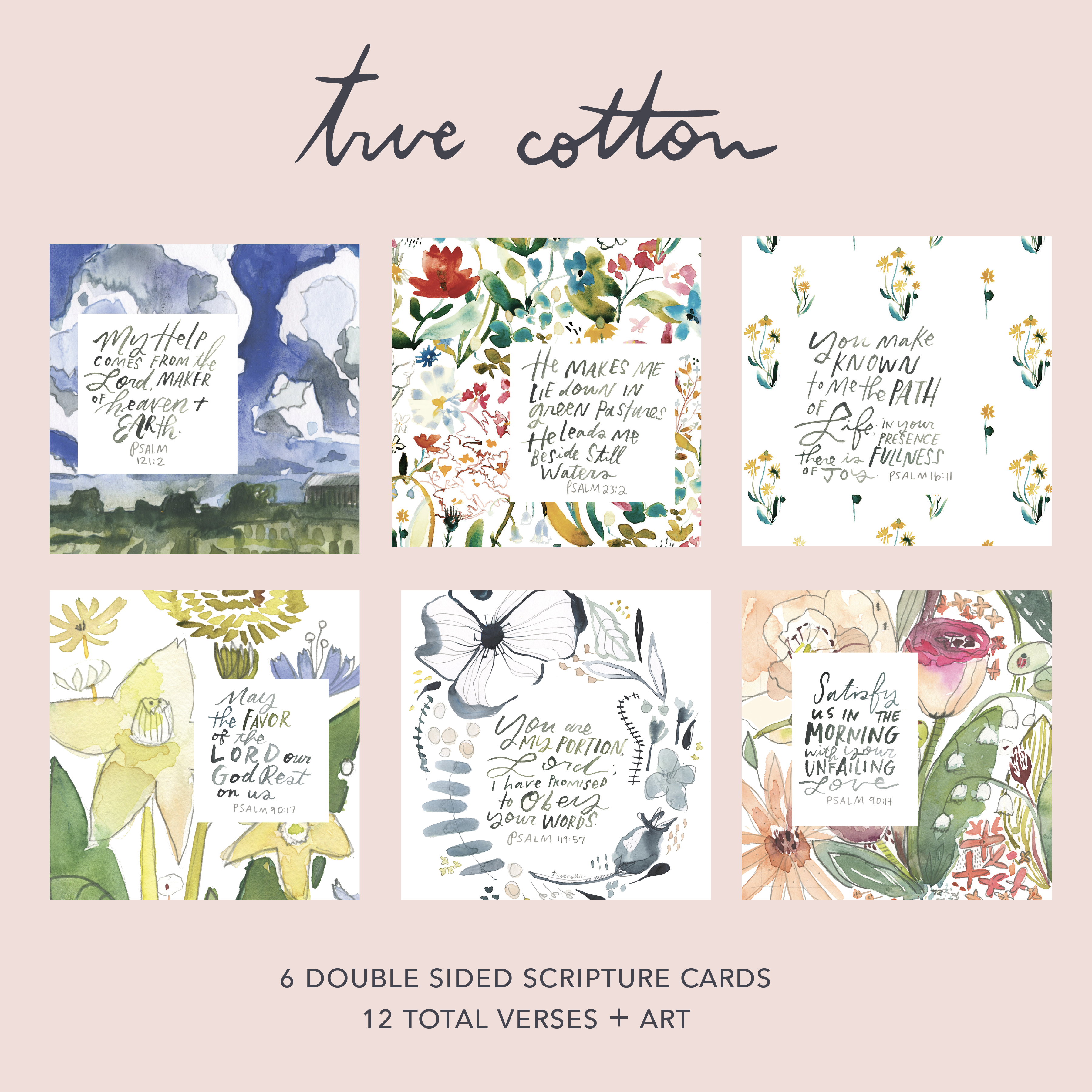 True Cotton - Wholesale Stationery/Notecard Set - Psalms Bible Verse Scripture Cards + Wooden Stand - 12Verses5