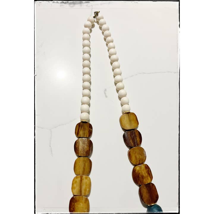 GentrybyJenna - Wholesale Beaded/Pearl Necklace - Teal Recycled Glass & Tan African Bone Bead Long Necklace