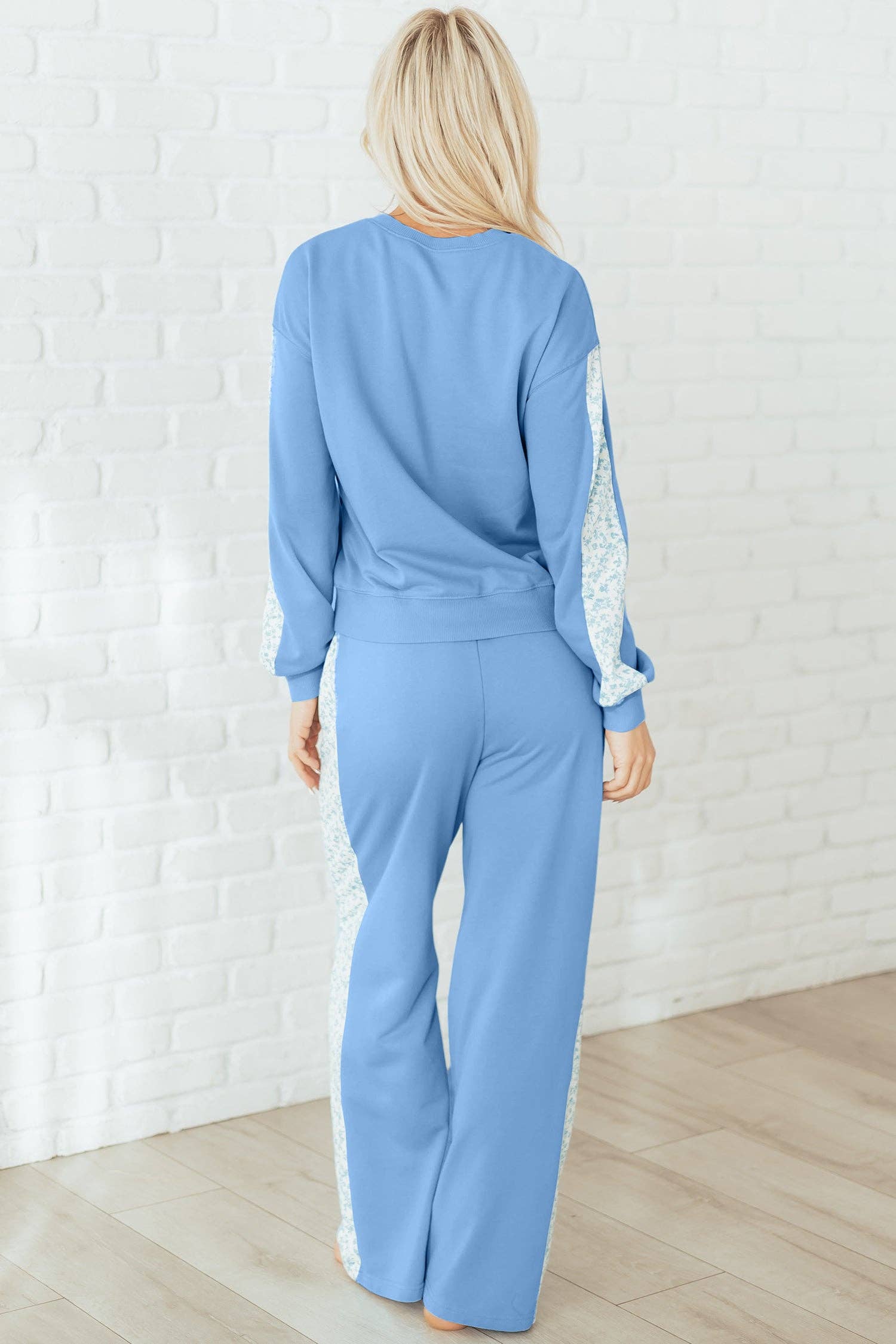 Beau Blue Floral Patchwork Pullover and Sweatpants Lounge Set for wholesale on Faire1