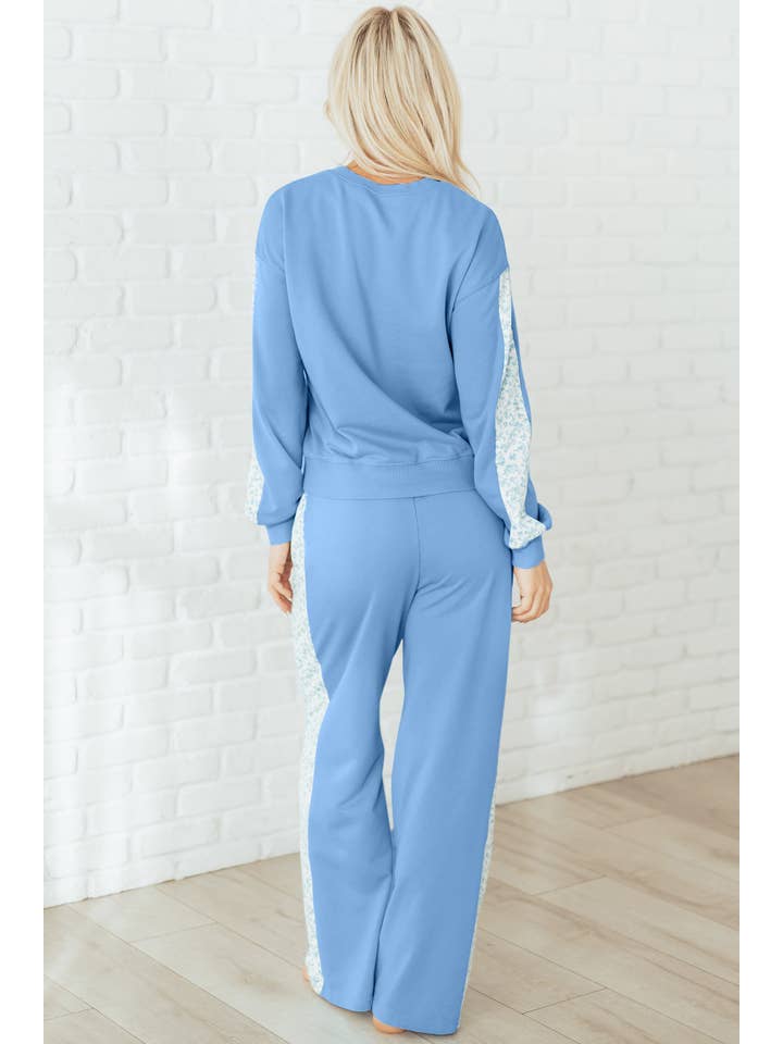 Beau Blue Floral Patchwork Pullover and Sweatpants Lounge Set for wholesale on Faire1
