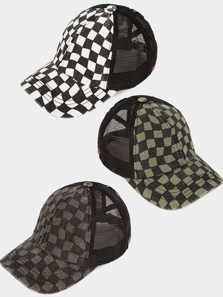C.C Checkered Pattern Criss Cross Back Cap for wholesale by Hana