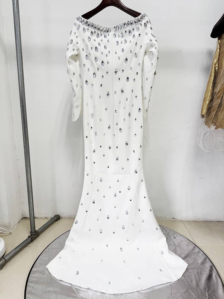 White DR514Y Hand-Beaded Teardrop Diamond  Long Dress for wholesale on Faire3