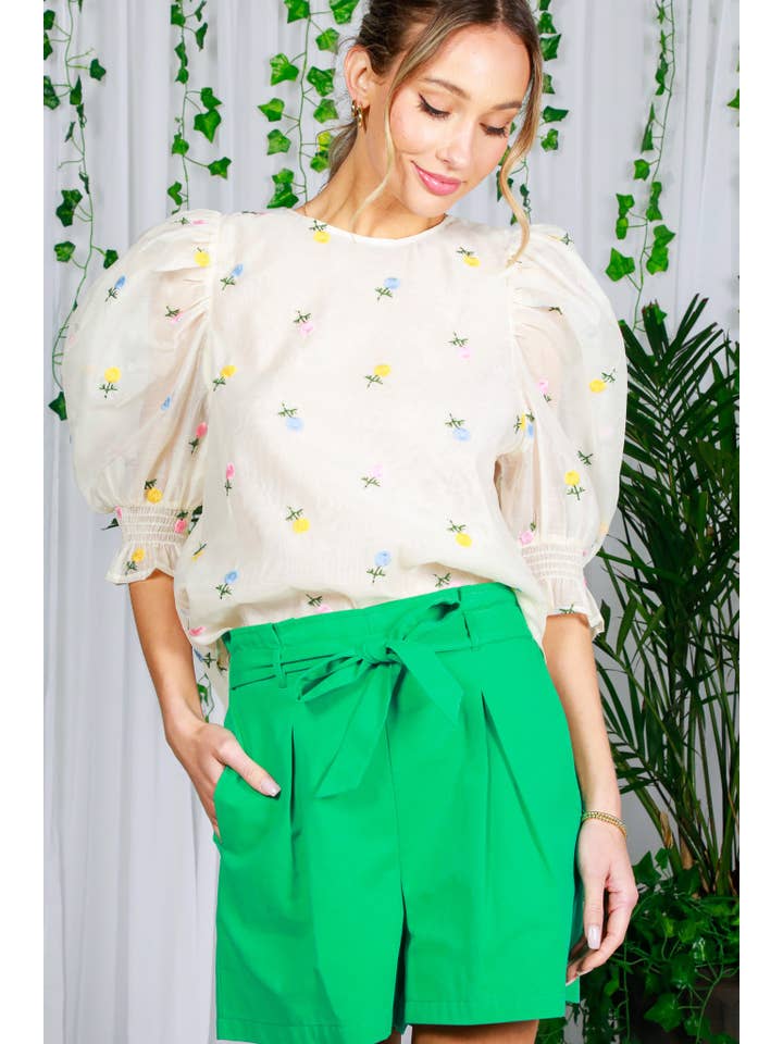 Vine & Love - Wholesale Blouse - Women's - Floral Embroidered Round Neck Organza Blouse Top VT82255-6