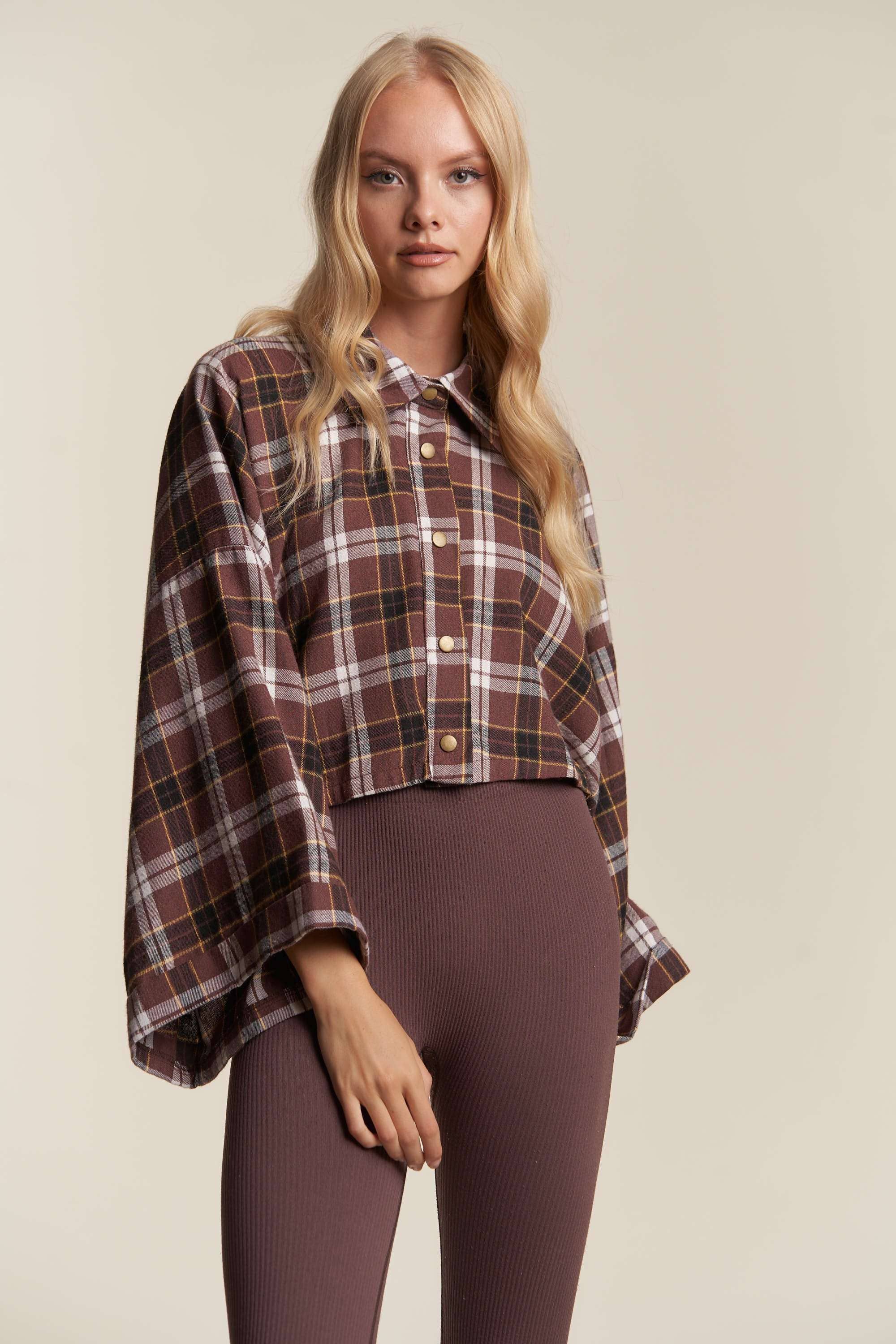 BROWN COMBO WIDE SLEEVE SNAP BUTTON DOWN PLAID SHIRT JACKET for wholesale on Faire12