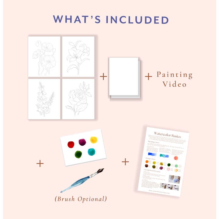 Jean Choe Art & Design - Wholesale DIY Craft Kit - Florals Watercolor Painting Kit with Outlined Pages