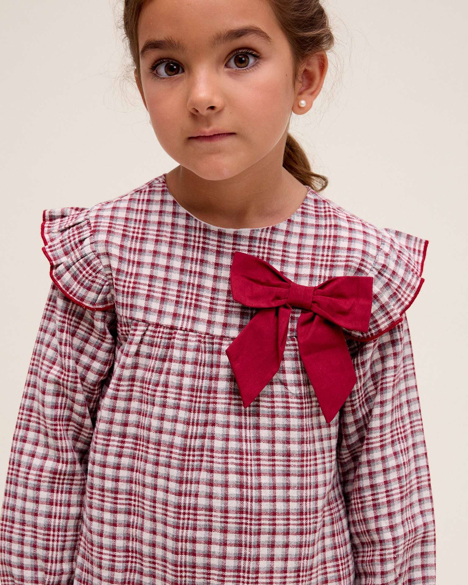 red Garnet checkered girl's dress with bow detail for wholesale on Faire2