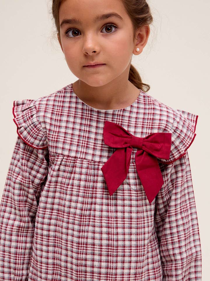 red Garnet checkered girl's dress with bow detail for wholesale on Faire2