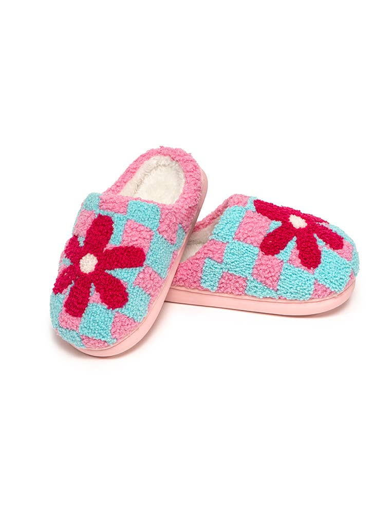 Living Royal - Wholesale Slippers - Kids - Indoor / Outdoor Slippers - Kids- Checker w/Red Flower -Pink1